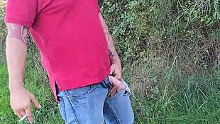 on a fall road trip, ebony girl pees and sucks interracial cock at golf resorts