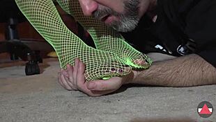 Ebony Model in Green Fishnets Endures Intense Pumping Domination with Moaning and Feet Worship