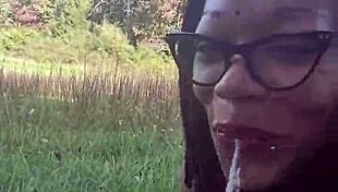 on a fall road trip, ebony girl pees and sucks interracial cock at golf resorts