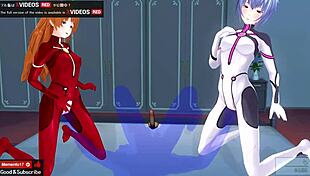 Rei and Asuka get into a hot lesbian 3P with creampie in this anime 😍