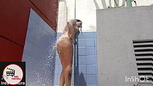 shower in summer brazil 2023 with tattooed brunette