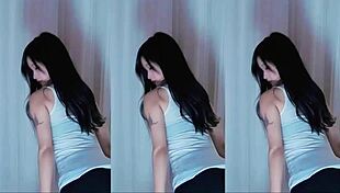 chinese girl dances seductively, showing cute boobs