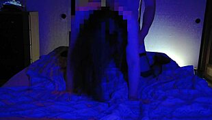 asian amateur in stockings gets licked then fucked standing and rides cowgirl in neon mood