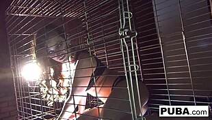sexy dani daniels trapped in dog cage masturbating. her big tits and pussy on display
