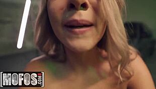 in the car, gabbie carter gives handjob and titty fuck before riding