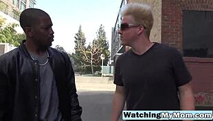 watching my blonde milf mom natasha in lingerie and heels. she’s sucking a huge interracial cock like a pro.