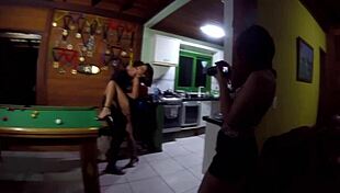 Milf lady and southerner enjoy pool game at beach house vacation