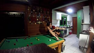 Milf lady and southerner enjoy pool game at beach house vacation