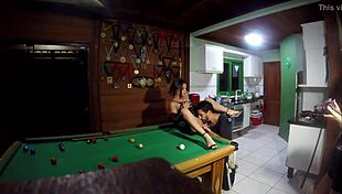 Milf lady and southerner enjoy pool game at beach house vacation