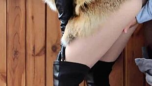 redhead in fur coat fucked in tight ass with high heels and leather gloves