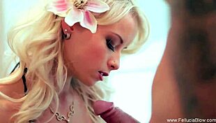 Beautiful girl performs passionate blowjob with handjob and swallow