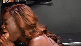 Ana foxxx deepthroats white cock in pantyhose at the gloryhole for a hairy cumshot.