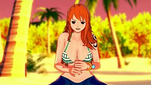 nami gives handjob on beach in one piece hentai
