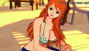nami gives handjob on beach in one piece hentai