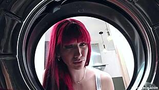 Doing laundry with redhead babe in lingerie
