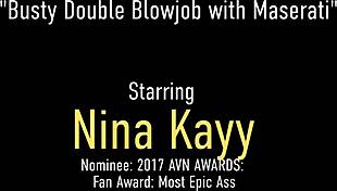 Double penetration two busty brunettes, Nina Kayy and Maserati, get a facial cumshot
