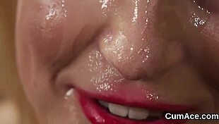 Slutty model asks, 'Want to see me swallow all this cum on my face?'