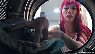 Doing laundry with redhead babe in lingerie