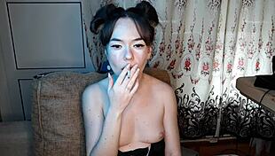 Stepsister removes her bra to light a cigarette and smokes