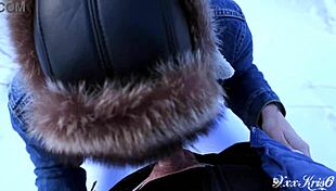 sexy blonde slut gives pov blowjob outside in snow