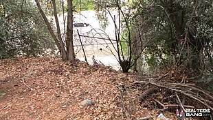 tattooed short-haired teen rides hard during outdoor porn casting interview