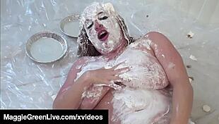 Maggie green sucks dildo and masturbates solo