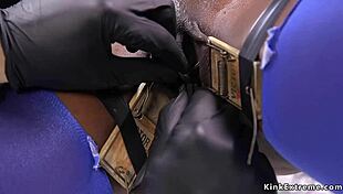 Ebony babe trapped with pussy lips in bizarre bondage