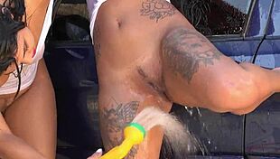 Neighbor Catches Tattooed Brazilian Babes Washing Car in Garage