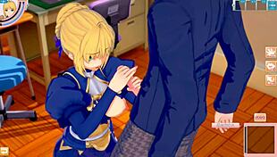 In this hentai game, Fate's Altria Pendragon gets her big tits rubbed intensely by the player. 3D CG anime brings the action to life.