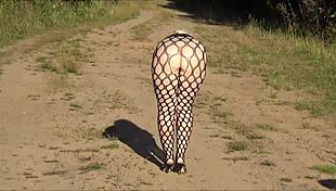 Look At Lady Redrose Stripping In Bodystocking Outdoors!