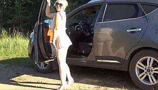 Look At Lady Redrose Stripping In Bodystocking Outdoors!