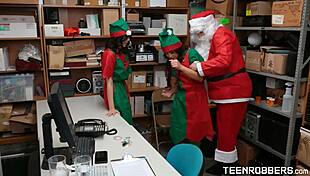Perv Santa Claus Caught Banging Two Cute Teen Elfs in Office