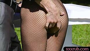 sexy milf masseuse gives outdoor blowjob to client's cock