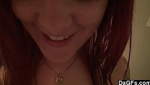 redhead's passionate blowjob ends with cum on boobs