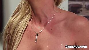 kinky bombshell gets cumshot on face eating jizz