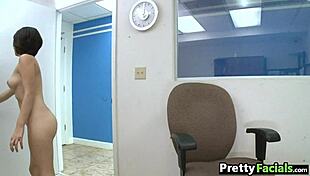 short hair brunette gets cum on face in amateur facial