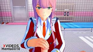 Zero Two gives a detailed blowjob in hentai anime scene