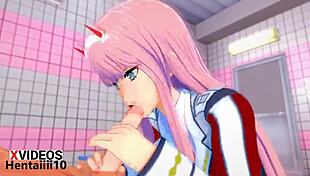 Zero Two gives a detailed blowjob in hentai anime scene