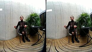 Young girl smokes topless in leather skirt outdoors