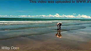 Wife dares to play nude football on public clothed beach