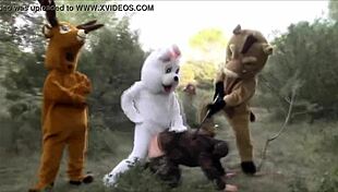 bad boy bunny in halloween costume dancing to music with a playful vibe