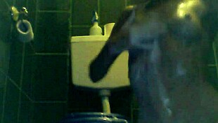 blonde slut with tattoos gets wet and horny in toilet.