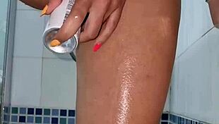 deodorant after shower with bottle and bathing in horny shaved pussy babe