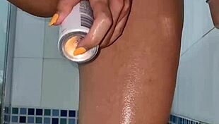 deodorant after shower with bottle and bathing in horny shaved pussy babe