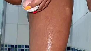 deodorant after shower with bottle and bathing in horny shaved pussy babe