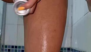 deodorant after shower with bottle and bathing in horny shaved pussy babe