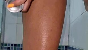 deodorant after shower with bottle and bathing in horny shaved pussy babe