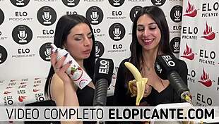 Mielcita and Almendra suck the banana with cream and swallow it eagerly