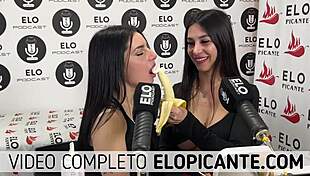 Mielcita and Almendra suck the banana with cream and swallow it eagerly