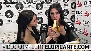 Mielcita and Almendra suck the banana with cream and swallow it eagerly